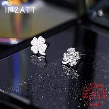 INZATT 100% 925 스털링 실버 지르콘 클로버 식물 스터드 귀걸이, 여성용 귀여운 고급 주얼리 미니멀리스트 액세서리