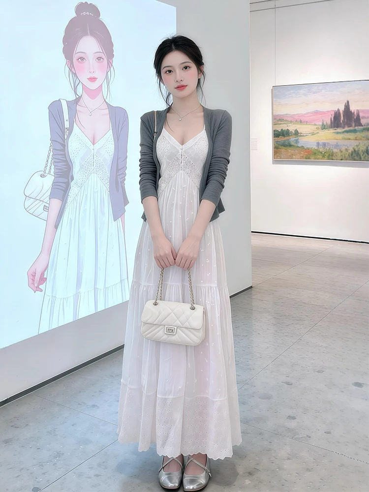 Gray Knitted Open Cardigan And Strap Dress Set Elegant Fashionable Spring New Arrival Women's Loose Fit V-Neck Two-Piece Suit
Gray Knitted Open Cardigan And Strap Dress Set Elegant Fashionable Spring New Arrival Women's Loose Fit V-Neck Two-Piece Suit