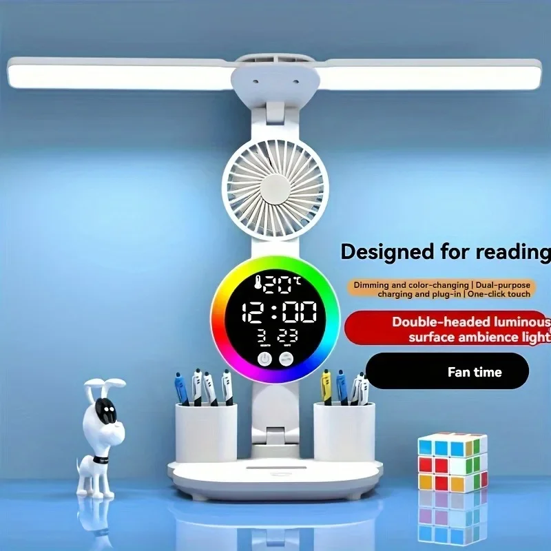 Светодиодная лампа-часы с вентилятором, перезаряжаемая через USB сенсорная лампа, 2 головки, вращение на 180, складная защита глаз, настольная лампа для чтения
Светодиодная лампа-часы с вентилятором, перезаряжаемая через USB сенсорная лампа, 2 головки, вращение на 180, складная защита глаз, настольная лампа для чтения