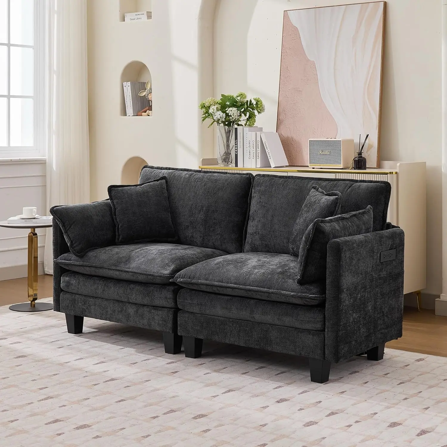 Modern 75' Loveseat Sofa with Deep Seat, USB & Type-C Charging Ports, Black Chenille Fabric for
Modern 75' Loveseat Sofa with Deep Seat, USB & Type-C Charging Ports, Black Chenille Fabric for