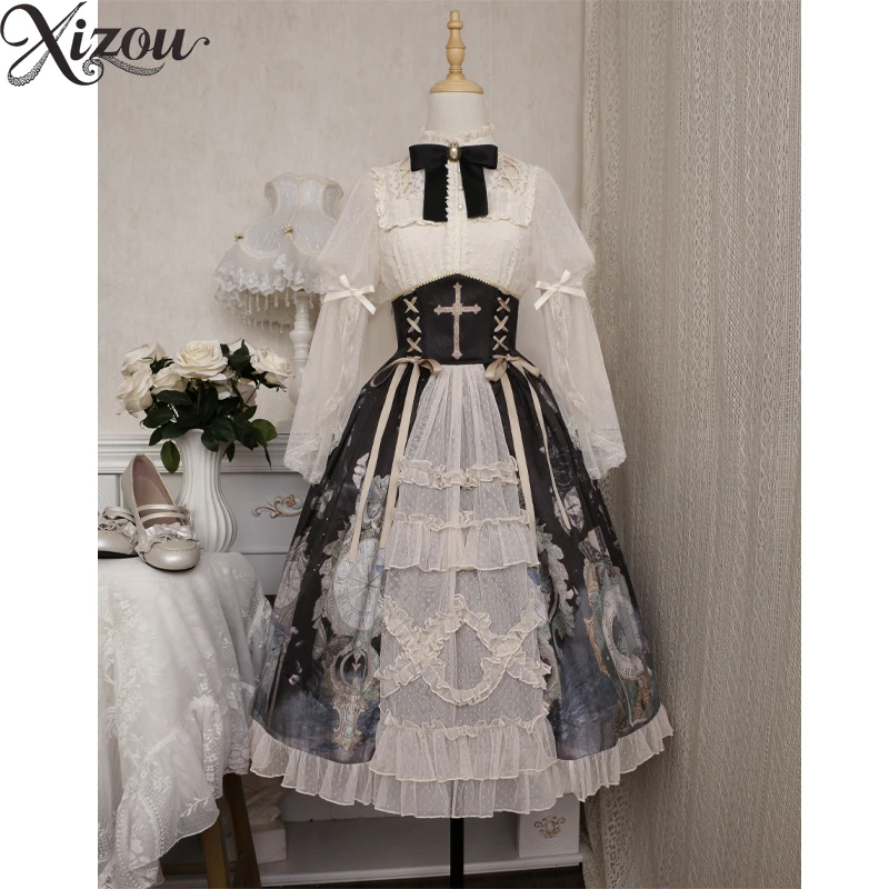 2025 Victorian Gothic Lolita Shirt Lace Mesh Print Princess Skirt Bow Vintage Sling Elegant Sweet Three-Piece Set Women Autumn
2025 Victorian Gothic Lolita Shirt Lace Mesh Print Princess Skirt Bow Vintage Sling Elegant Sweet Three-Piece Set Women Autumn