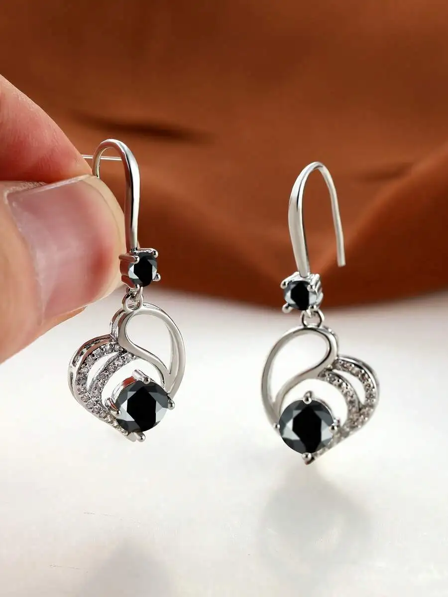 Romantic Heart-Shaped Dangle Earrings With Black Cubic Zirconia, Copper Alloy Base, Hypoallergenic For Women
Romantic Heart-Shaped Dangle Earrings With Black Cubic Zirconia, Copper Alloy Base, Hypoallergenic For Women
