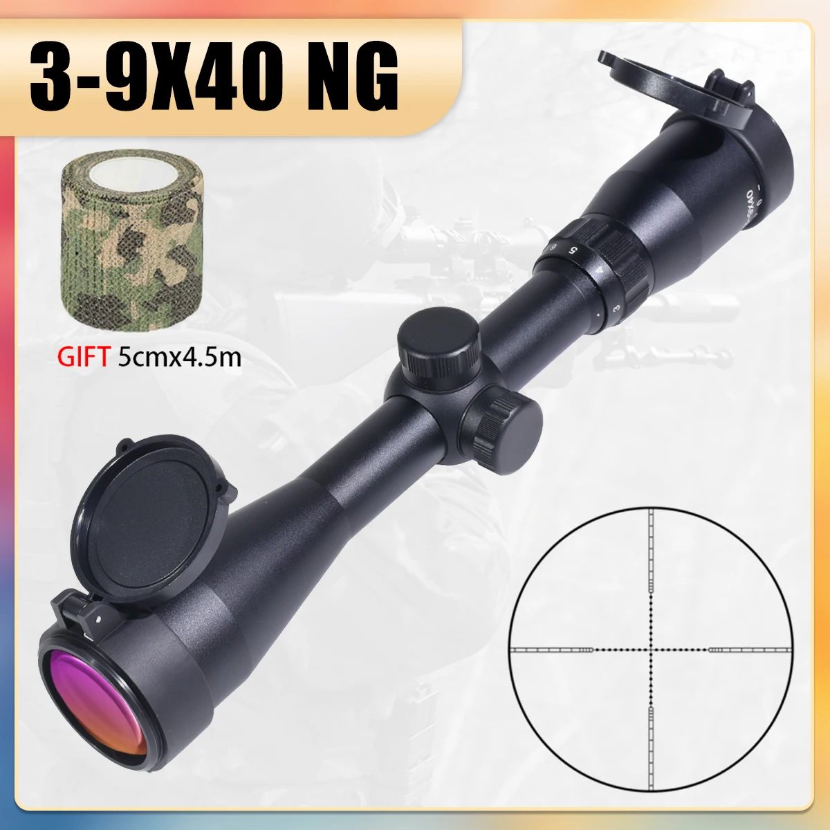 3-9x40NG Purple Lens Optical Sight Cross Spotting Riflescope Airsoft Scope Outdoor Hunting Scope Tactical Accessory
3-9x40NG Purple Lens Optical Sight Cross Spotting Riflescope Airsoft Scope Outdoor Hunting Scope Tactical Accessory