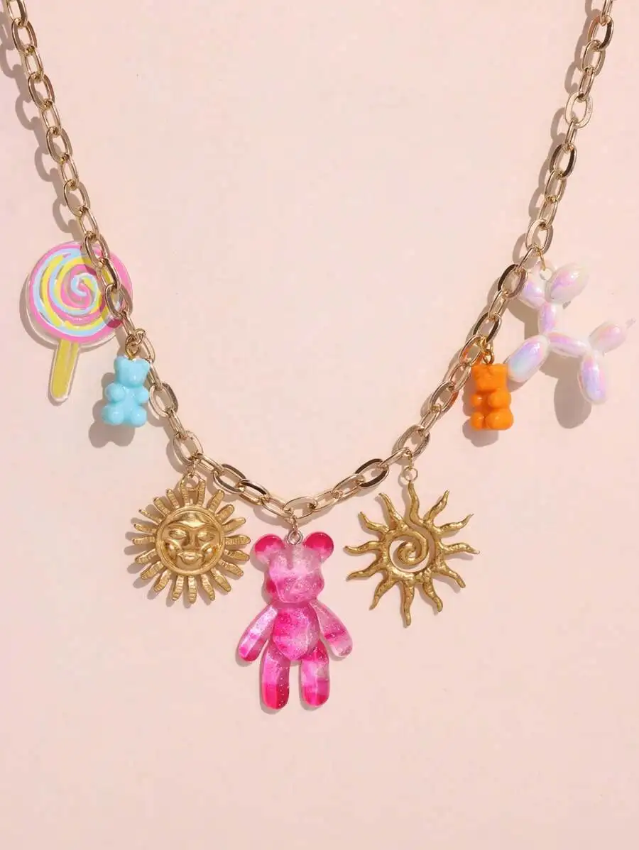 Pink Multicharm Chain Necklace With Bear, Lollipop, Sun, Balloon Dog Pendants For Women
Pink Multicharm Chain Necklace With Bear, Lollipop, Sun, Balloon Dog Pendants For Women