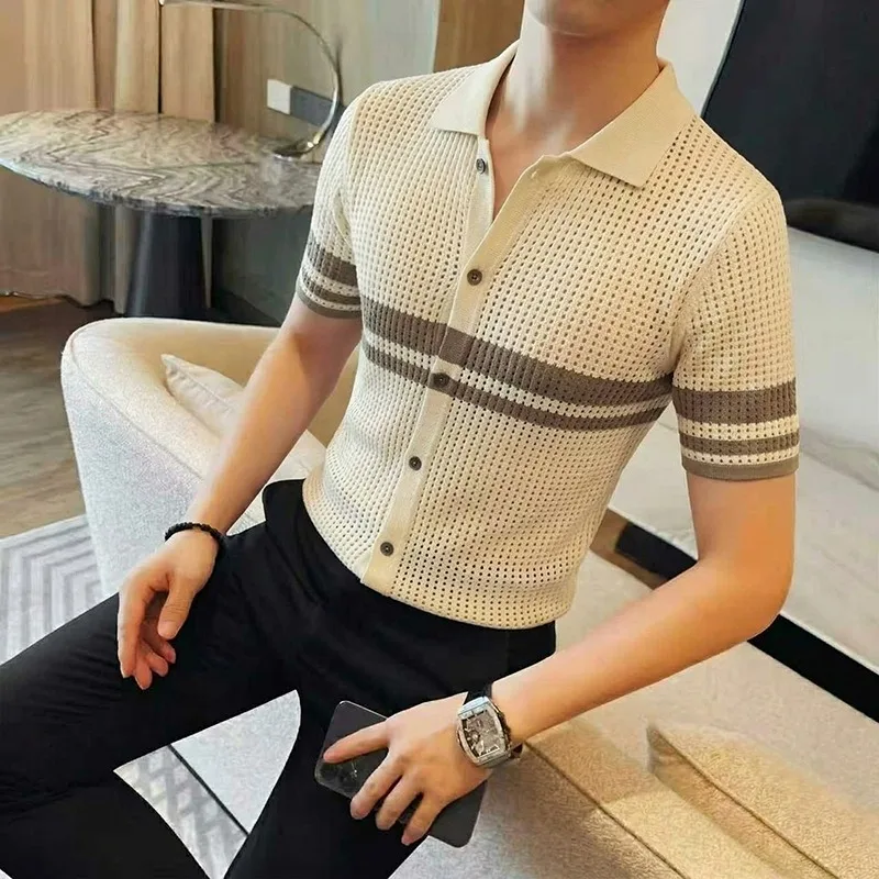 Summer Men's Short Sleeved T-shirt High-quality Striped Knitted Hollow Casual Cardigan Ice Feeling Jacquard Business Polo Shirts
Summer Men's Short Sleeved T-shirt High-quality Striped Knitted Hollow Casual Cardigan Ice Feeling Jacquard Business Polo Shirts