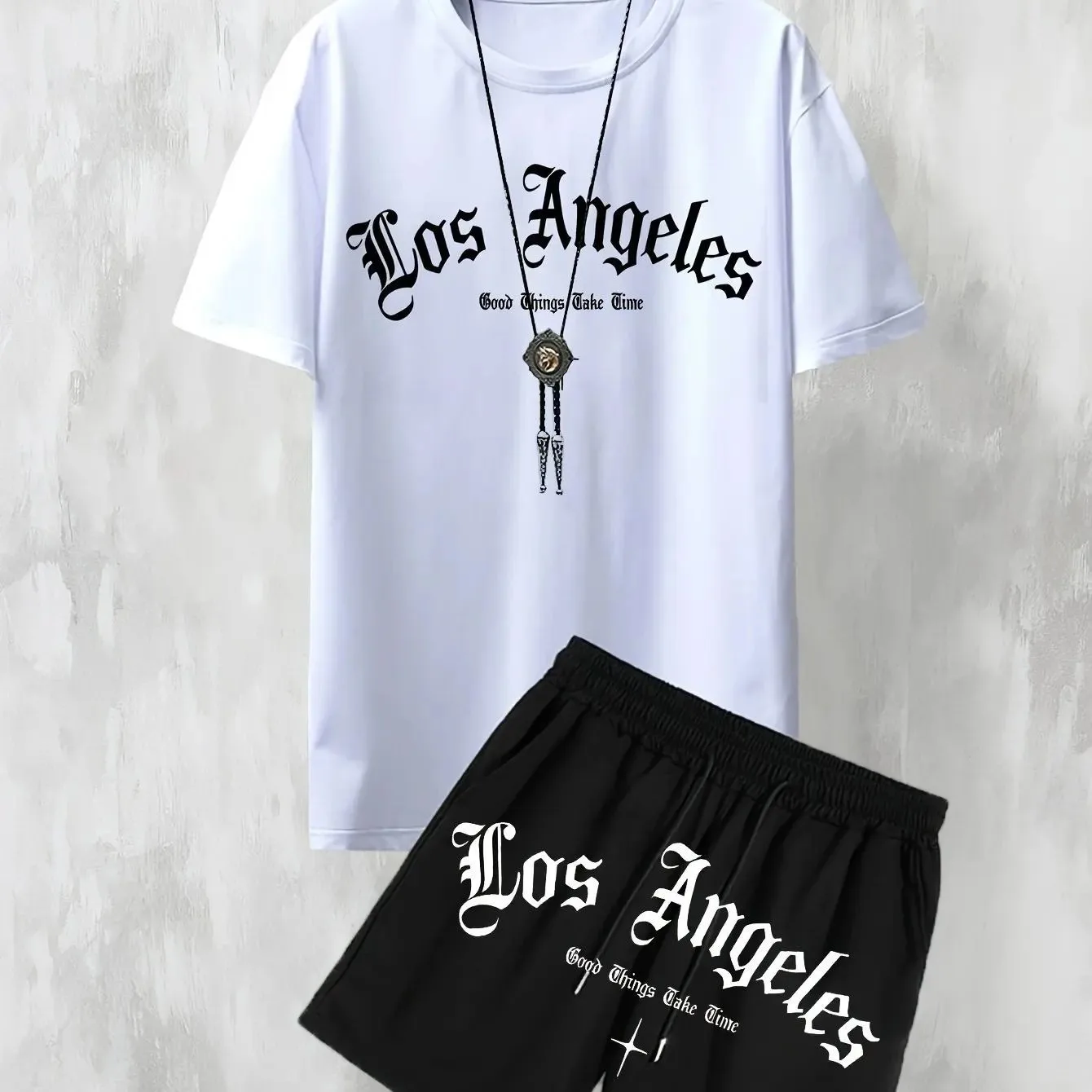 Men's Summer Gothic Letter Los Angeles Printed Comfortable Breathable Round Neck T-shirt Drawstring Shorts Set Outdoor Sportswea
Men's Summer Gothic Letter Los Angeles Printed Comfortable Breathable Round Neck T-shirt Drawstring Shorts Set Outdoor Sportswea