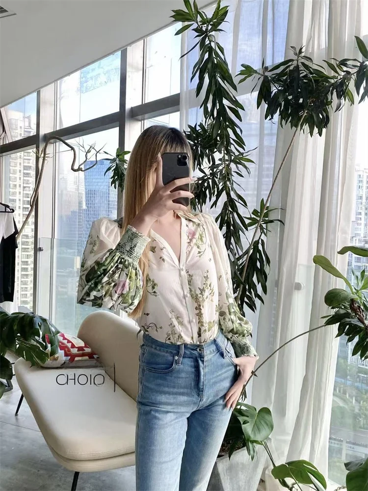 AO Original Faion Spring Summer een Le Print Silk Blend V Ne Lantern Sve Turn down Collar irt Women's Top
AO Original Faion Spring Summer een Le Print Silk Blend V Ne Lantern Sve Turn down Collar irt Women's Top