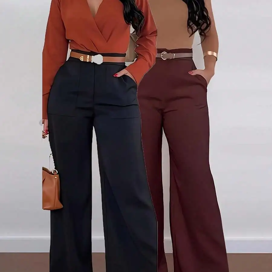 2pcs Women Casual Solid Color High Waist Wide Leg Straight Pants With Pockets
2pcs Women Casual Solid Color High Waist Wide Leg Straight Pants With Pockets
