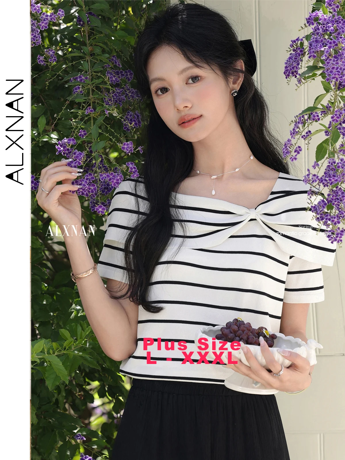 ALXNAN Plus Size Striped T-shirt Elegant Unique Neckline Women's Knitted T-shirts 2025 Summer Sweet Short Sleeve Tops new D11098
ALXNAN Plus Size Striped T-shirt Elegant Unique Neckline Women's Knitted T-shirts 2025 Summer Sweet Short Sleeve Tops new D11098
