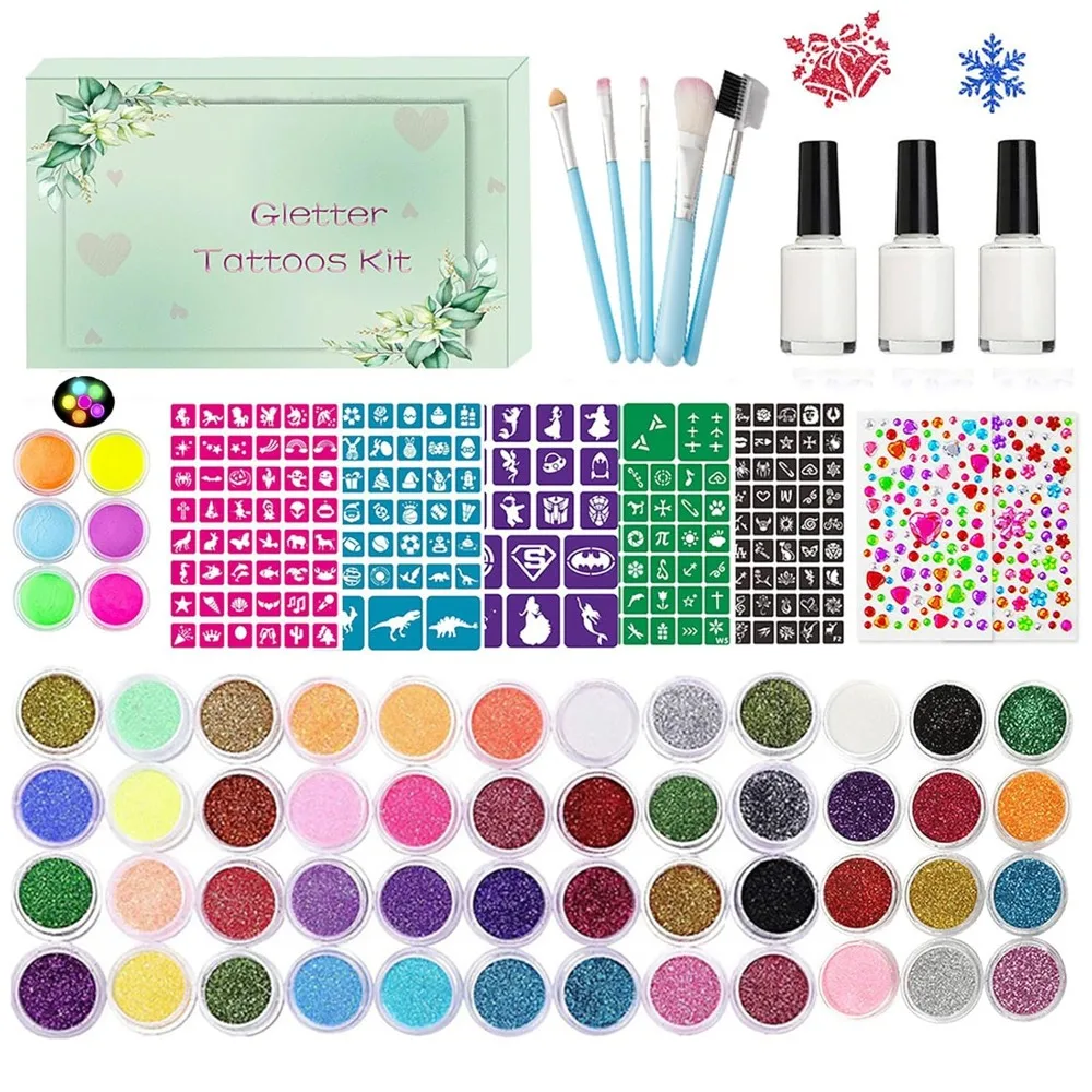 Temporary Glitter Tattoo Set for Kids 48 Colors 6 Fluorescent 207 Templates 2 Diamond Stickers
Temporary Glitter Tattoo Set for Kids 48 Colors 6 Fluorescent 207 Templates 2 Diamond Stickers