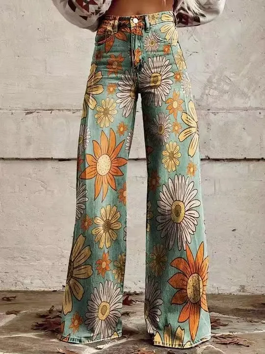 New fashionable women's plus size imitation jeans popular 3D printed casual pants wide leg pants flared pants
New fashionable women's plus size imitation jeans popular 3D printed casual pants wide leg pants flared pants
