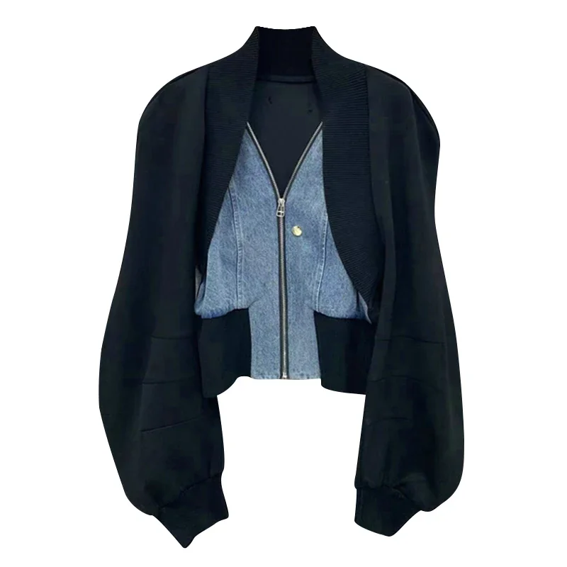 Women Coat 2023 Spring Fashionable Denim Stitching V Neck Zipper Lantern Sleeve Fake Two Short Jacket Vintage Tops New
Women Coat 2023 Spring Fashionable Denim Stitching V Neck Zipper Lantern Sleeve Fake Two Short Jacket Vintage Tops New