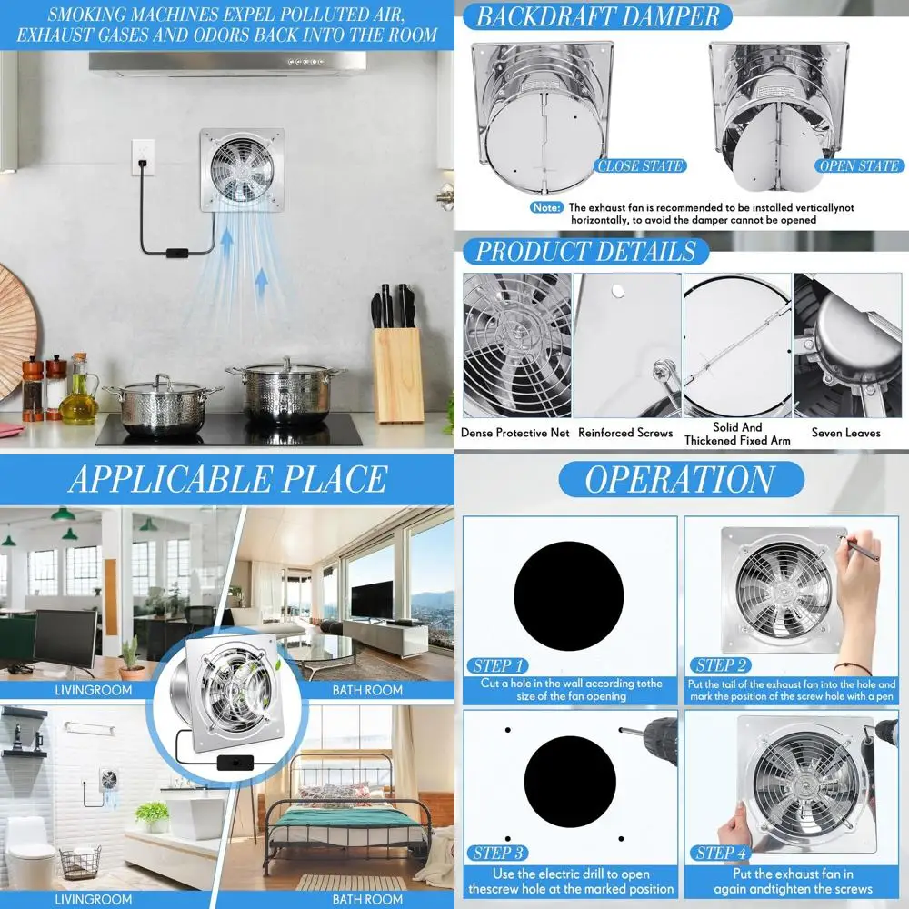 10 Kitchen & Bathroom Portable Plug-in Exhaust Fan with Damper for Garage, Smoking Room, Industrial Ventilation - Silver
10 Kitchen & Bathroom Portable Plug-in Exhaust Fan with Damper for Garage, Smoking Room, Industrial Ventilation - Silver