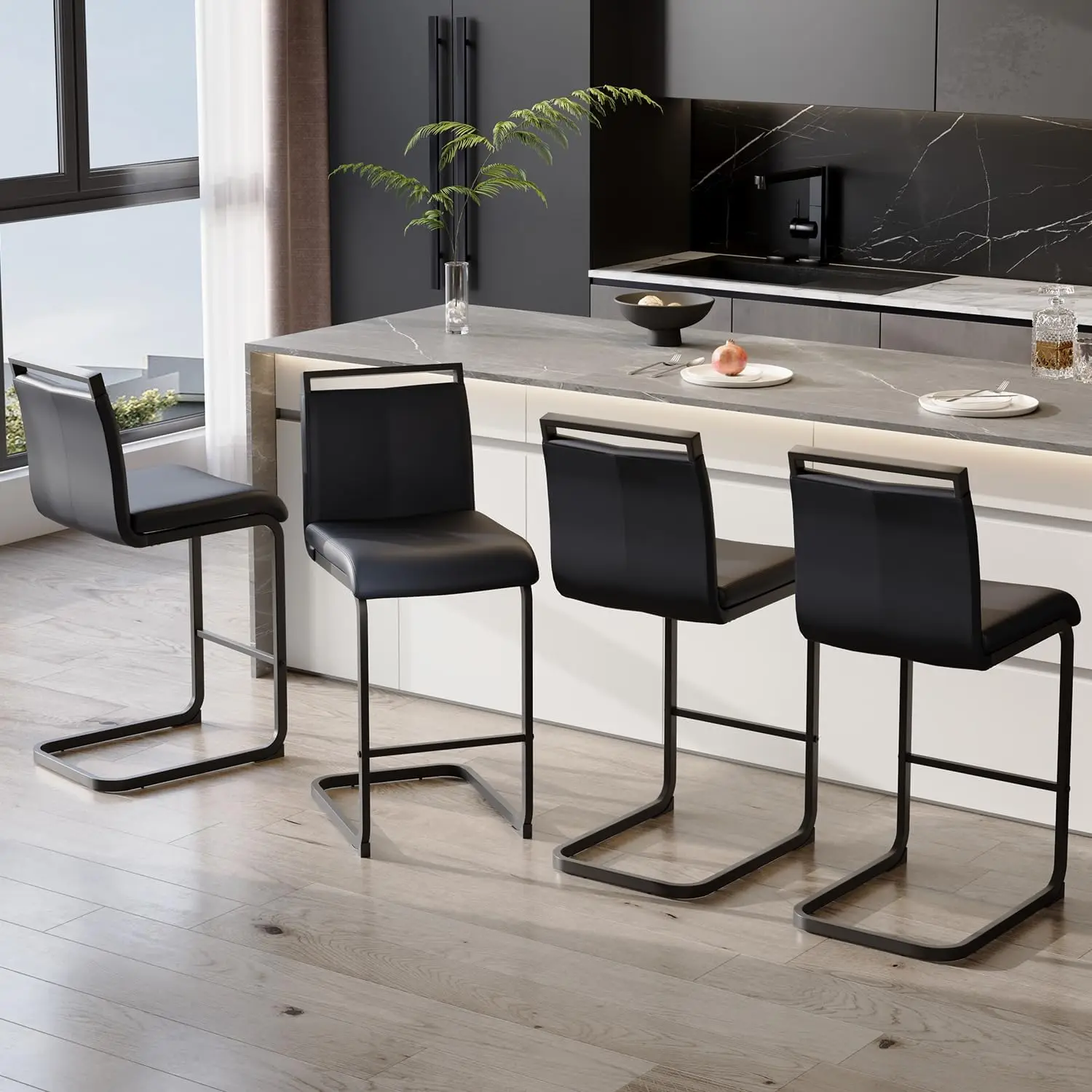 Bar Stools Set of 4,24" Counter Height Bar Stools with Footrest,Black Faux Leather Kitchen Stools with Black Painted Metal Leg,C
Bar Stools Set of 4,24" Counter Height Bar Stools with Footrest,Black Faux Leather Kitchen Stools with Black Painted Metal Leg,C