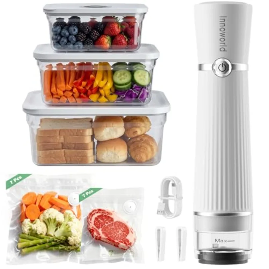 Compact Vacuum Sealer for Food with Stainless Steel Containers and Black Reusable Bags Powerful Portable Sealer for Meal Saver
Compact Vacuum Sealer for Food with Stainless Steel Containers and Black Reusable Bags Powerful Portable Sealer for Meal Saver