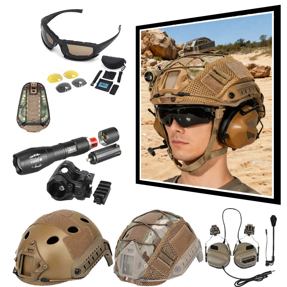 Tactical Protection Helmet HD Headset Set with Flashlight Kit Signal Light Airsoft Goggles Camouflage Helmet Cover for Hunting
Tactical Protection Helmet HD Headset Set with Flashlight Kit Signal Light Airsoft Goggles Camouflage Helmet Cover for Hunting