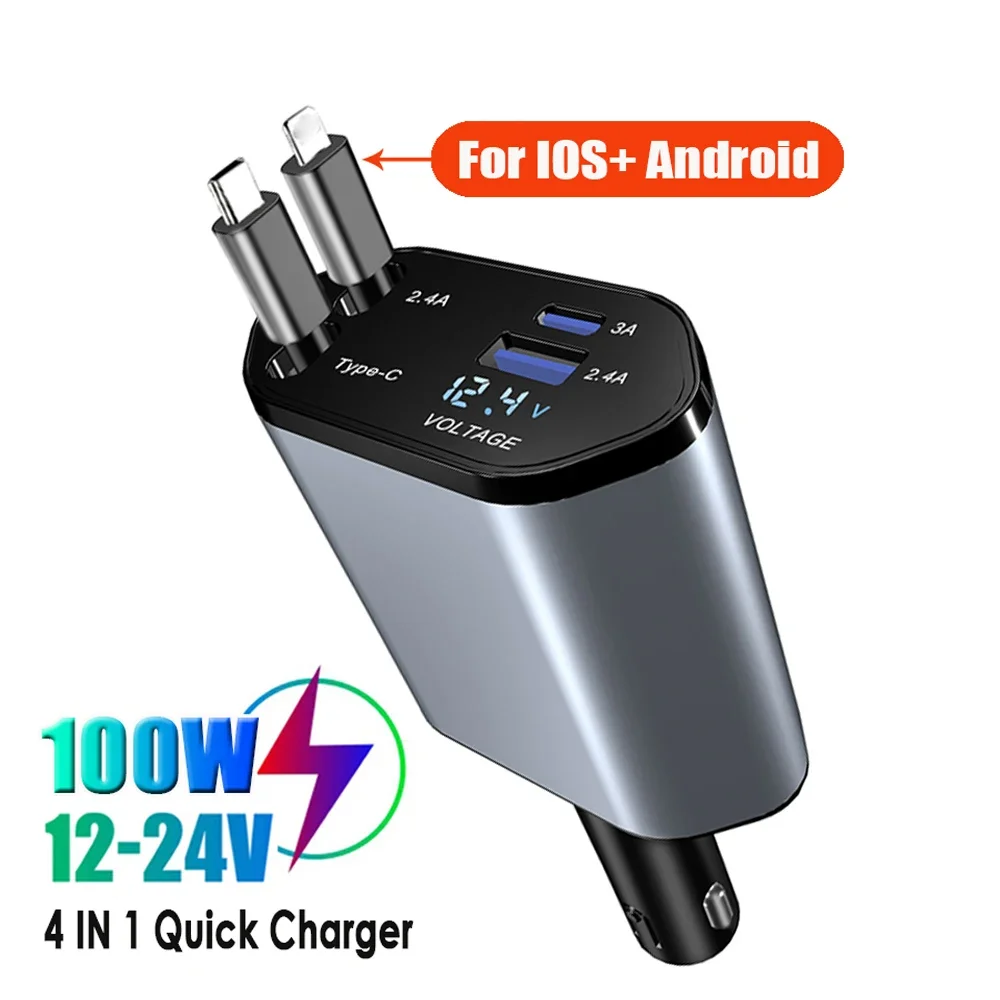100W PD+USB Quick Charger With 2 Retractable Cables Type C Fast Car Phone Charger Voltmeter 4 in 1 Power Adapter For IPhone IPad
100W PD+USB Quick Charger With 2 Retractable Cables Type C Fast Car Phone Charger Voltmeter 4 in 1 Power Adapter For IPhone IPad