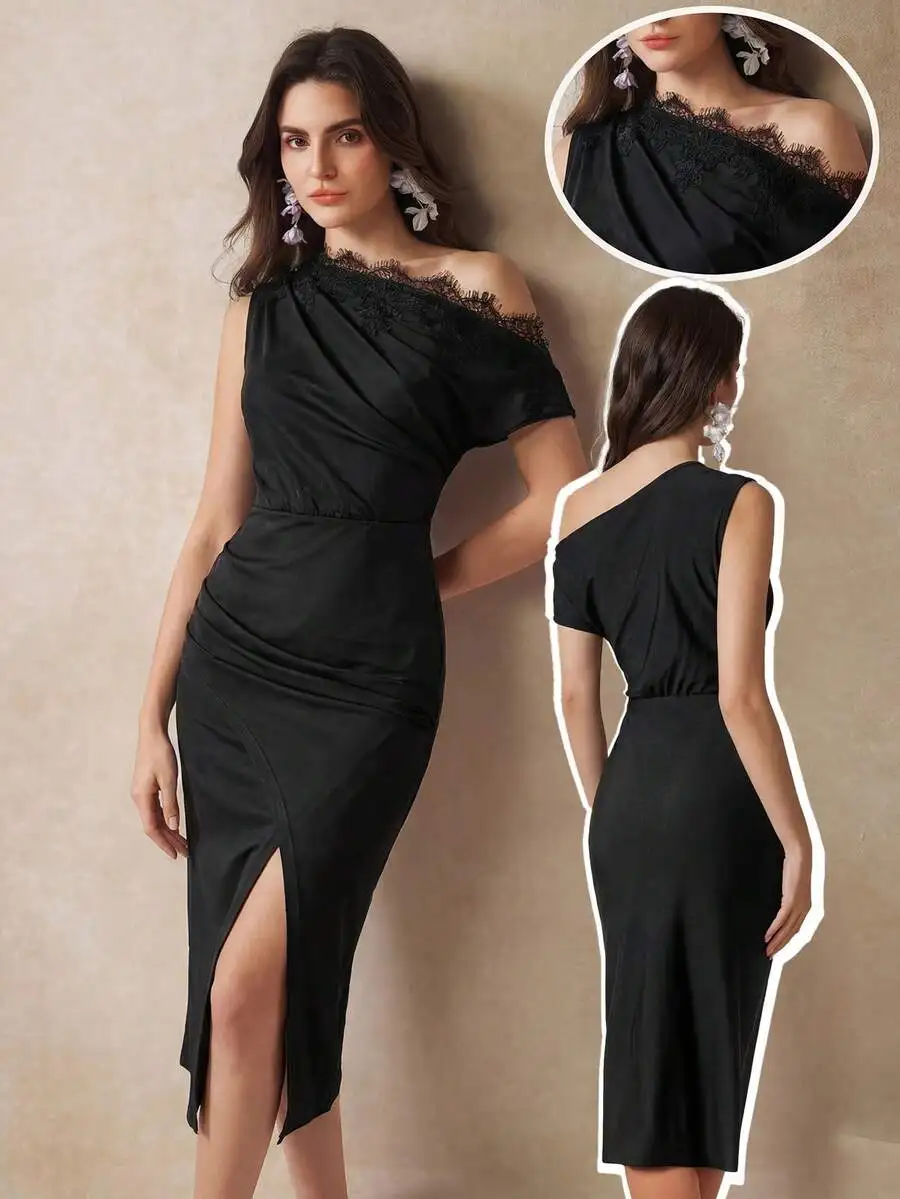 Elegant Black Lace Off Shoulder Midi Dress With Side Slit For Evening Party
Elegant Black Lace Off Shoulder Midi Dress With Side Slit For Evening Party