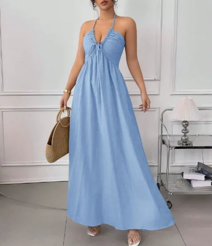 Women's Dress Summer New Sexy Beach Vacation Style Solid Color Deep V-Neck Backless Lace Up Design High Waist Hanging Neck Dress
Women's Dress Summer New Sexy Beach Vacation Style Solid Color Deep V-Neck Backless Lace Up Design High Waist Hanging Neck Dress