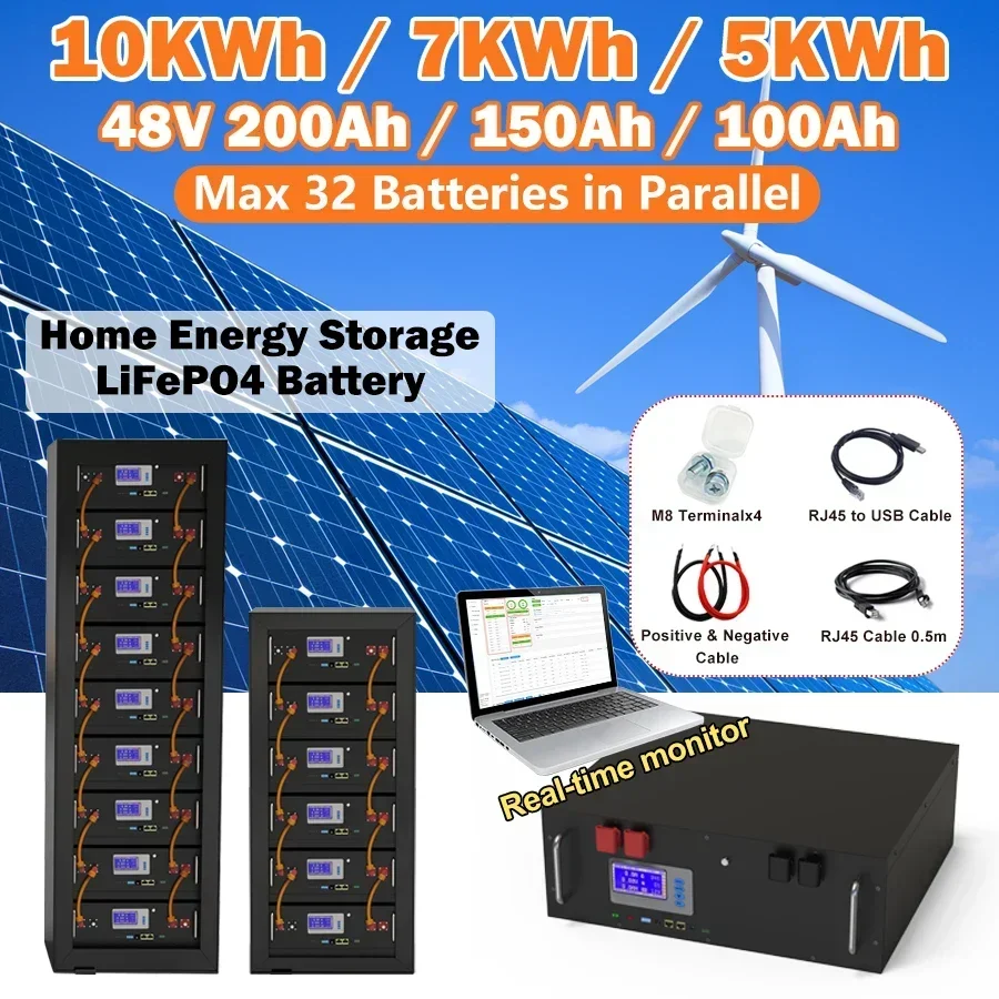 48V 150Ah LiFePO4 Battery 100Ah 200Ah 51.2V 10KWh 7KWh Built-in 16S BMS and RS485 CAN Max 32 Parallel 10 Years
48V 150Ah LiFePO4 Battery 100Ah 200Ah 51.2V 10KWh 7KWh Built-in 16S BMS and RS485 CAN Max 32 Parallel 10 Years