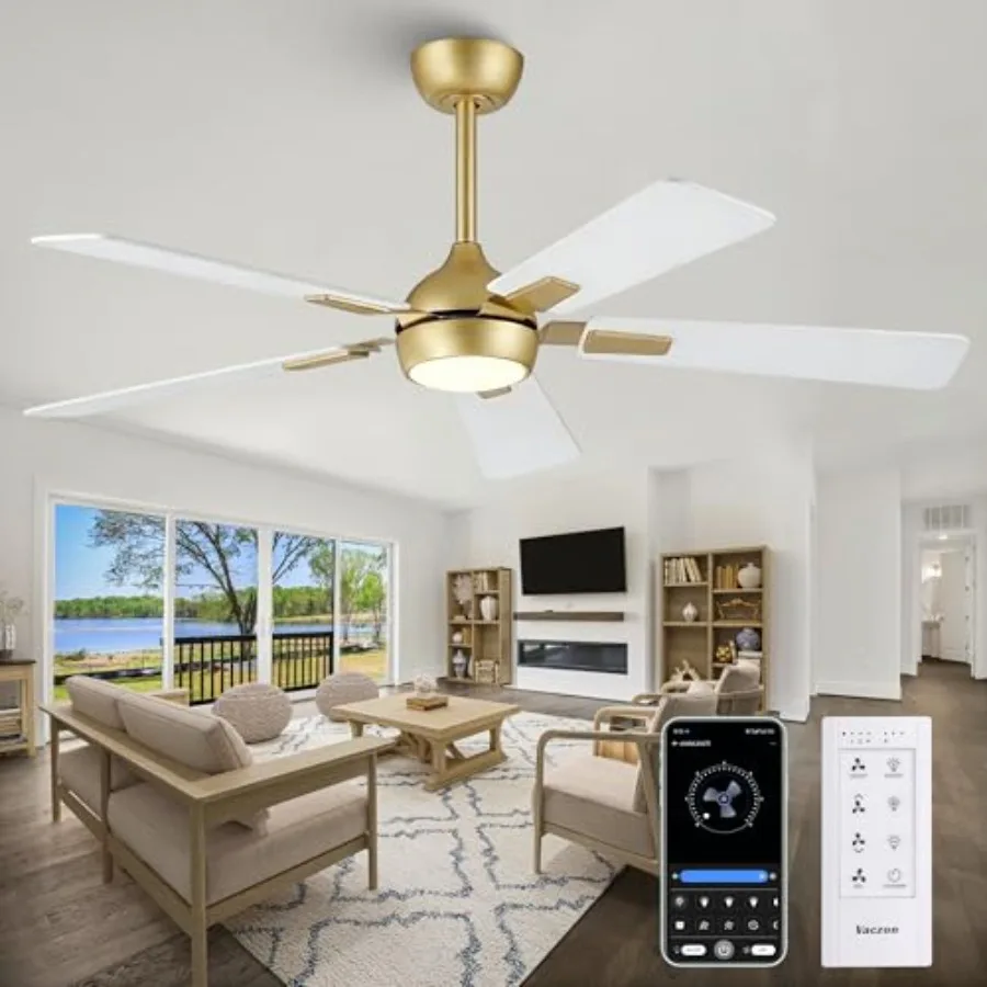 Bedroom living room ceiling fan, white gold finish, DC motor with LED light, 6-speed reversible, dimmable 3CCT, modern design
Bedroom living room ceiling fan, white gold finish, DC motor with LED light, 6-speed reversible, dimmable 3CCT, modern design