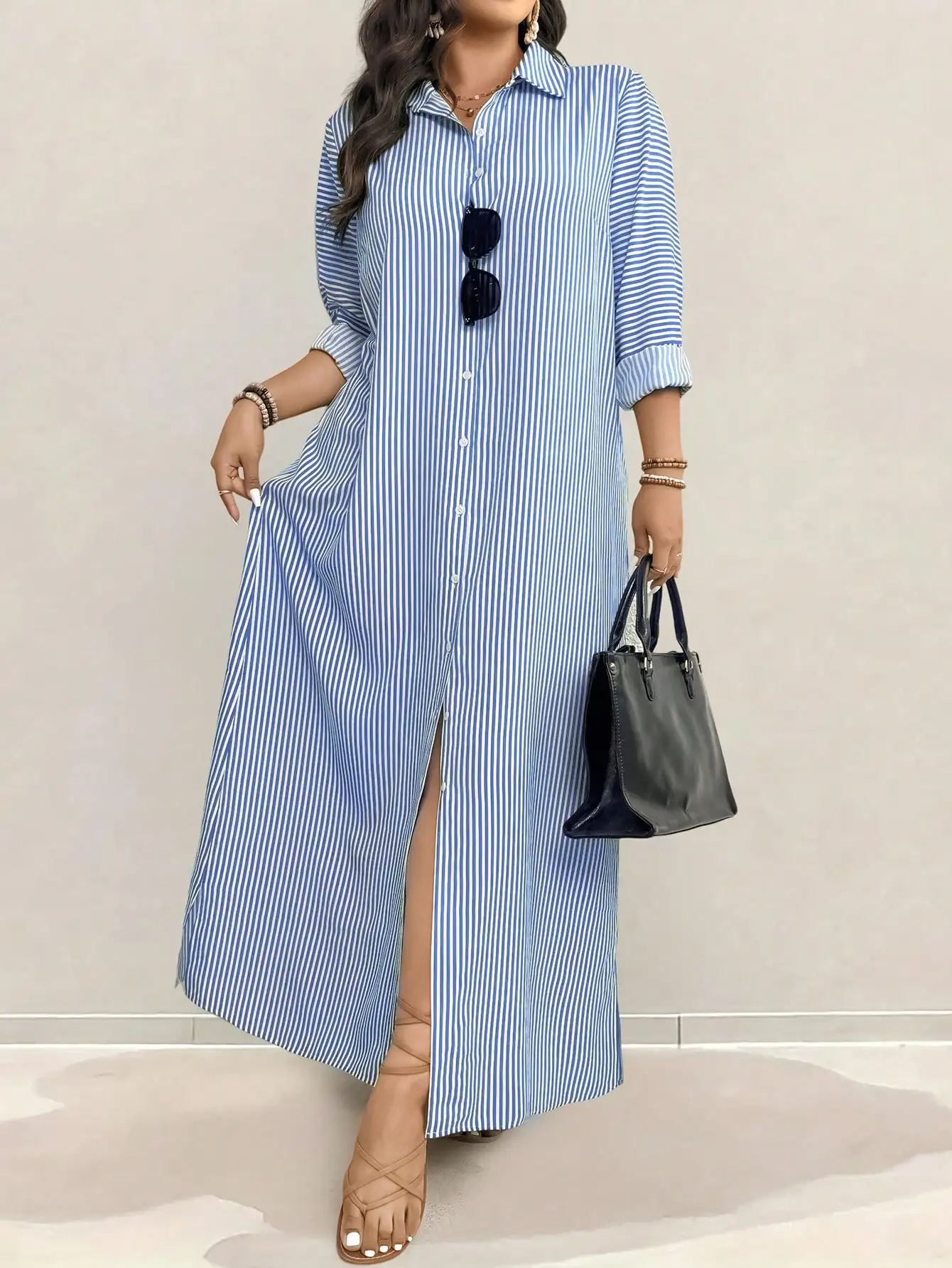 Blue and White Striped Maxi Shirt Dress with Front Slit, Long Sleeve Button-Up, Loose Fit
Blue and White Striped Maxi Shirt Dress with Front Slit, Long Sleeve Button-Up, Loose Fit