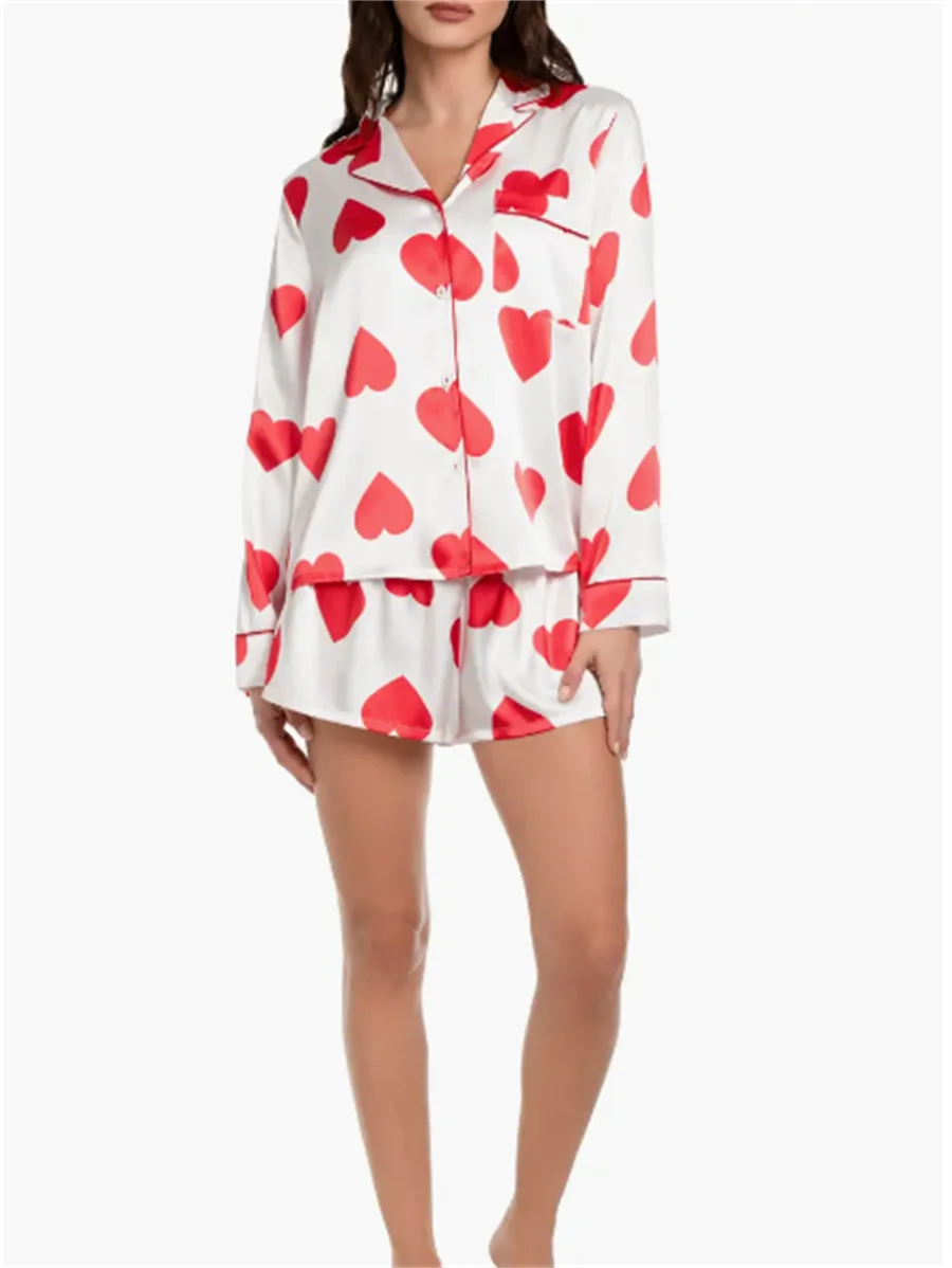 Women Valentine's Day Satin Silk Pajamas Set Heart Print Sleeping Suit Comfy Long Sleeve Shirt and Shorts Lounge Pjs Set
Women Valentine's Day Satin Silk Pajamas Set Heart Print Sleeping Suit Comfy Long Sleeve Shirt and Shorts Lounge Pjs Set