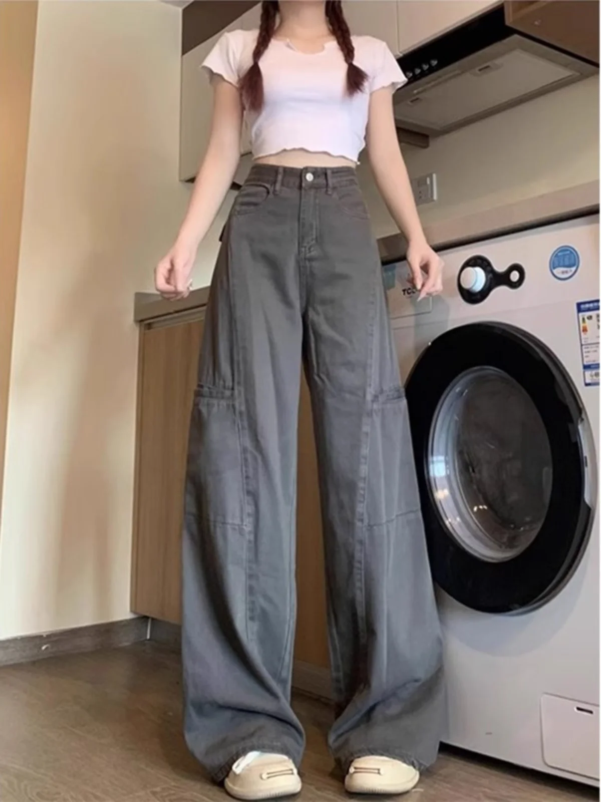 American Retro Grey Work Pants Women's High Waist Loose Wide Leg Slimming Straight Jeans Casual Pure Color Long Trousers
American Retro Grey Work Pants Women's High Waist Loose Wide Leg Slimming Straight Jeans Casual Pure Color Long Trousers