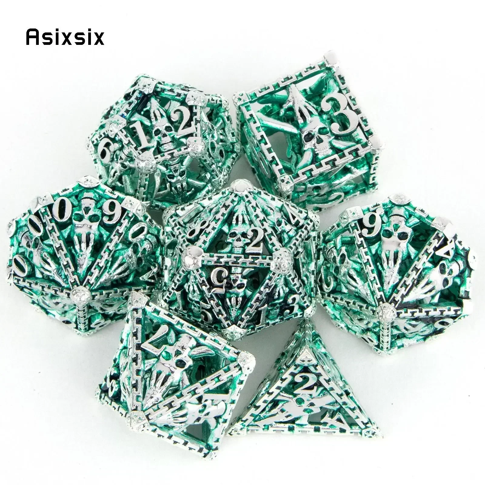 7 Pcs Silver Green Hand Skull Head Metal Dice Hollow Metal Polyhedral Dice Set Suitable for Role-Playing RPG Board Gift
7 Pcs Silver Green Hand Skull Head Metal Dice Hollow Metal Polyhedral Dice Set Suitable for Role-Playing RPG Board Gift