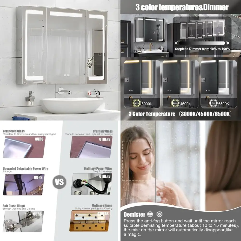 Illuminated Stainless Steel Medicine Cabinet for Bathroom, Mirror Cabinet with 3-Color LED Light, Dimmable, Defogger and USB Cha
Illuminated Stainless Steel Medicine Cabinet for Bathroom, Mirror Cabinet with 3-Color LED Light, Dimmable, Defogger and USB Cha