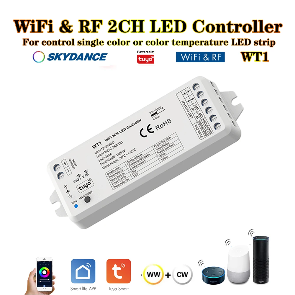Skydance WT1 DC12-24V Smart WiFi + кнопочный переключатель + RF 2CH Tuya Dim Controller для одноцветной или цветовой светодиодной ленты 
Skydance WT1 DC12-24V Smart WiFi + кнопочный переключатель + RF 2CH Tuya Dim Controller для одноцветной или цветовой светодиодной ленты