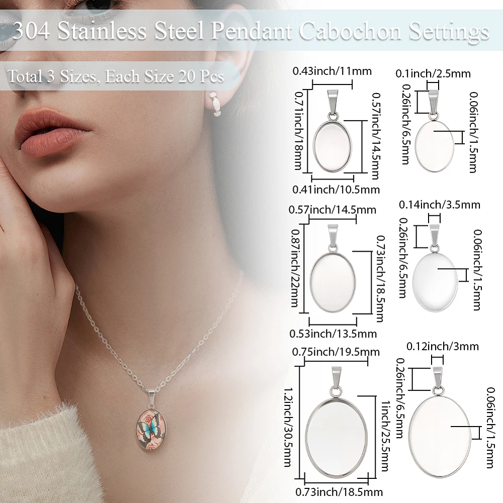 60Pcs 3 Styles 304 Stainless Steel Pendant Cabochon Settings Oval Stainless Steel Color Tray: 10.5~18.5x14.5~25.5mm
60Pcs 3 Styles 304 Stainless Steel Pendant Cabochon Settings Oval Stainless Steel Color Tray: 10.5~18.5x14.5~25.5mm