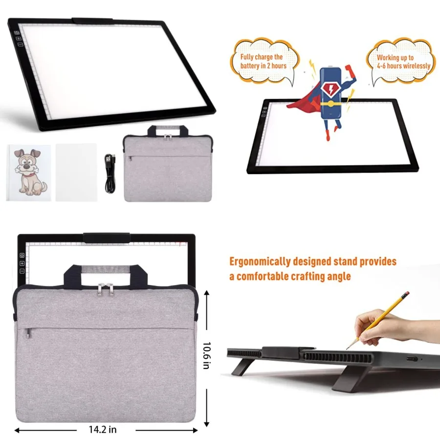 Rechargeable A4 LED Light Pad with Padded Case, Tracing Light Box w/Riser Stands and Paper Clip, 6 Levels of Brightness, Type-c
Rechargeable A4 LED Light Pad with Padded Case, Tracing Light Box w/Riser Stands and Paper Clip, 6 Levels of Brightness, Type-c
