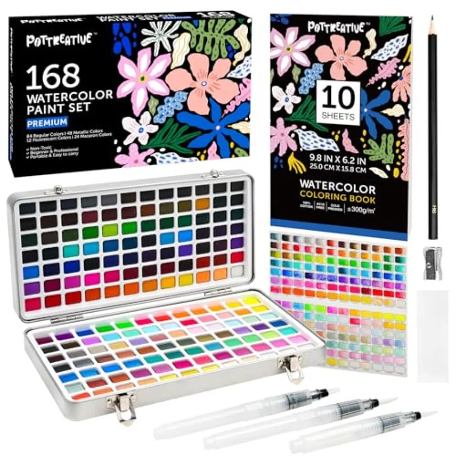 168 Solid Watercolor Paint Set with Brushes and Blank Coloring Book, Archival Art Supplies for Professionals - Christmas, Birth
168 Solid Watercolor Paint Set with Brushes and Blank Coloring Book, Archival Art Supplies for Professionals - Christmas, Birth