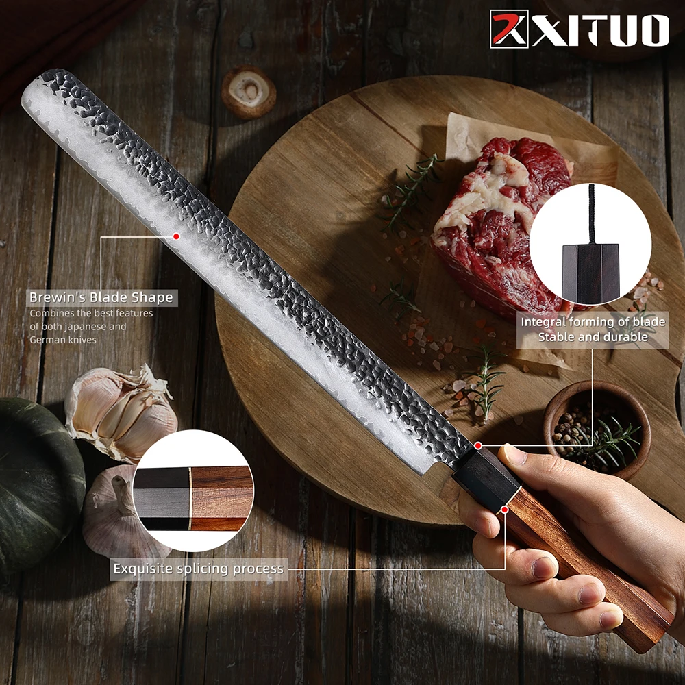 XITUO Ham knife, Brisket Knife Premium Slicing Knife Hand Forged Meat Cut Knife Japanese Kitchen Knives Meat Carving Knife
XITUO Ham knife, Brisket Knife Premium Slicing Knife Hand Forged Meat Cut Knife Japanese Kitchen Knives Meat Carving Knife