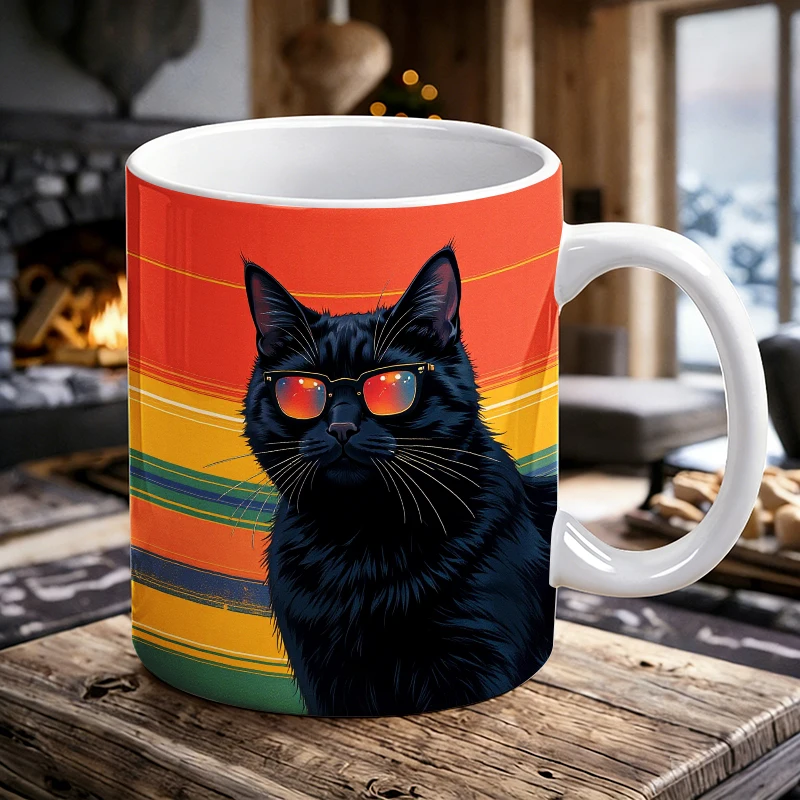 Retro Cool Black Cat with Sunglasses Ceramic Mug Vintage Rainbow Stripe Coffee Cup, Milk Cup, Drinking Cup, Gift for Friends
Retro Cool Black Cat with Sunglasses Ceramic Mug Vintage Rainbow Stripe Coffee Cup, Milk Cup, Drinking Cup, Gift for Friends