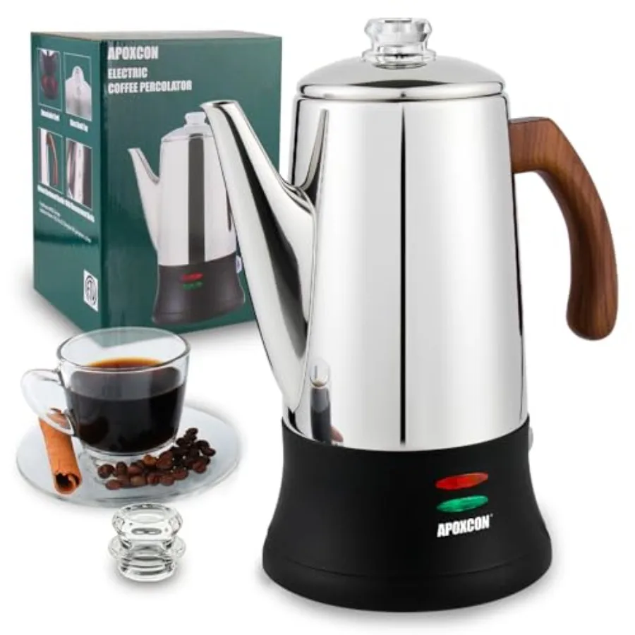Electric coffee percolator for home use, stainless steel body with heat-resistant glass knobs and treated solid wood handle, bl
Electric coffee percolator for home use, stainless steel body with heat-resistant glass knobs and treated solid wood handle, bl