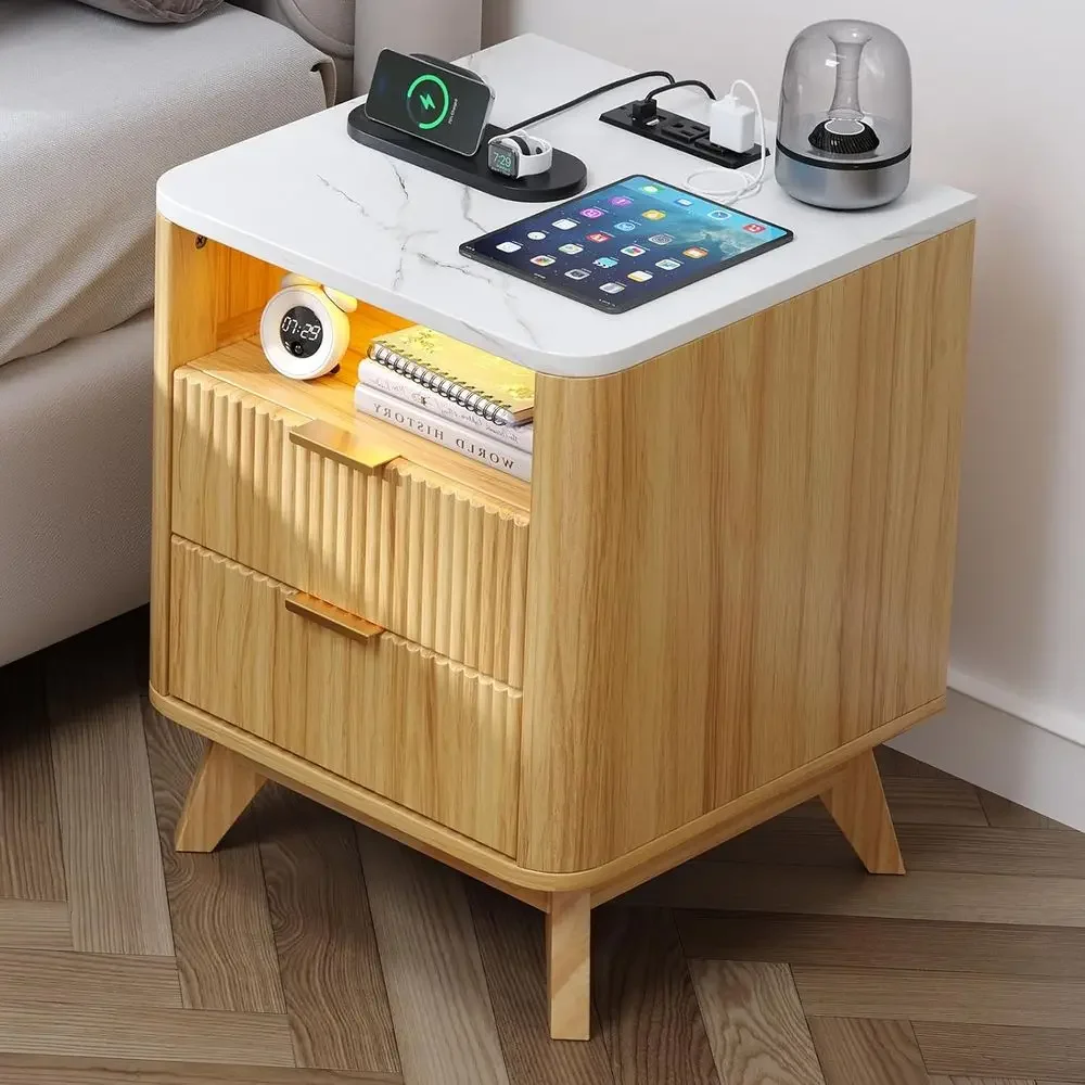 LED-lit Oak Nightstand with Charging & Storage Drawers for Bedroom
LED-lit Oak Nightstand with Charging & Storage Drawers for Bedroom