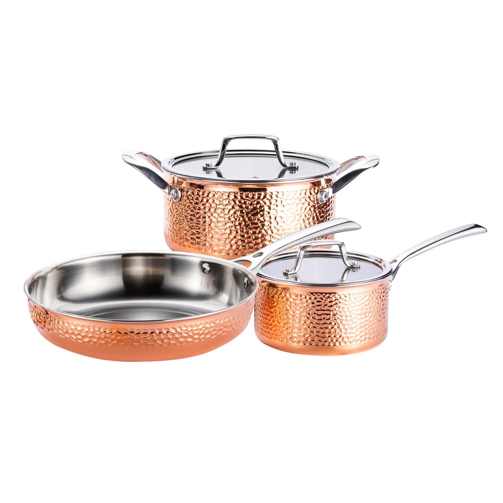 NO MOQ Copper Hammered Cookware Set, 5 Piece Triple Kitchenware Cooking Pot Includes Sauce pan, Casserole, Frying Pan
NO MOQ Copper Hammered Cookware Set, 5 Piece Triple Kitchenware Cooking Pot Includes Sauce pan, Casserole, Frying Pan
