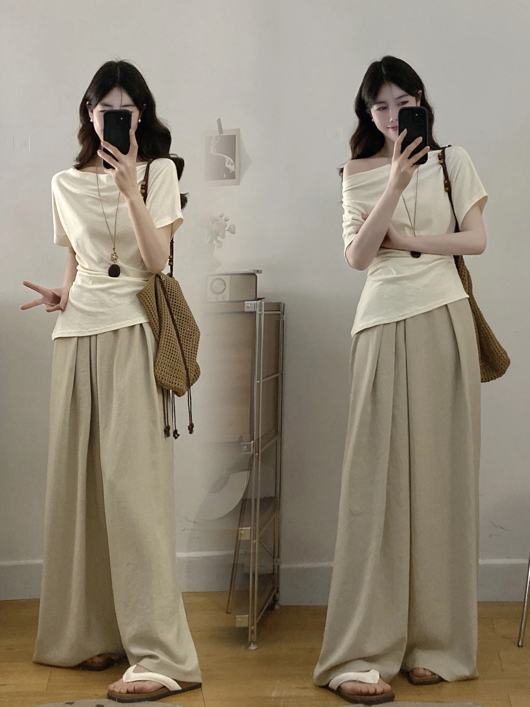 plus Size Elegant Simple Folded Fat MM Slimming Asymmetric Two-Way Wear T-Shirt Wide Leg Pants Two-Piece Set Women
plus Size Elegant Simple Folded Fat MM Slimming Asymmetric Two-Way Wear T-Shirt Wide Leg Pants Two-Piece Set Women