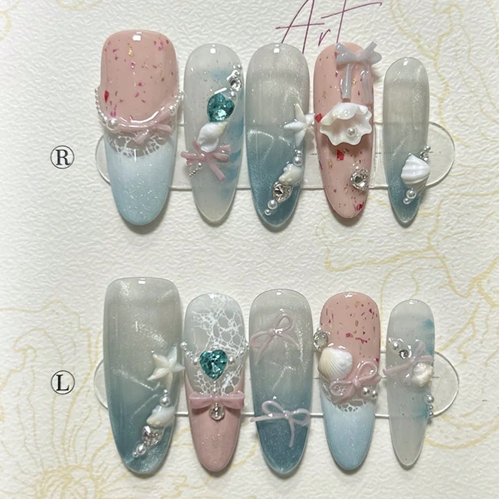Summer Ocean Aqua Ripple Long Tip French Handmade Press On Nails Pink Blue Cute 3D Bow Shells Glitter Cat Eye Almond Nail Art
Summer Ocean Aqua Ripple Long Tip French Handmade Press On Nails Pink Blue Cute 3D Bow Shells Glitter Cat Eye Almond Nail Art