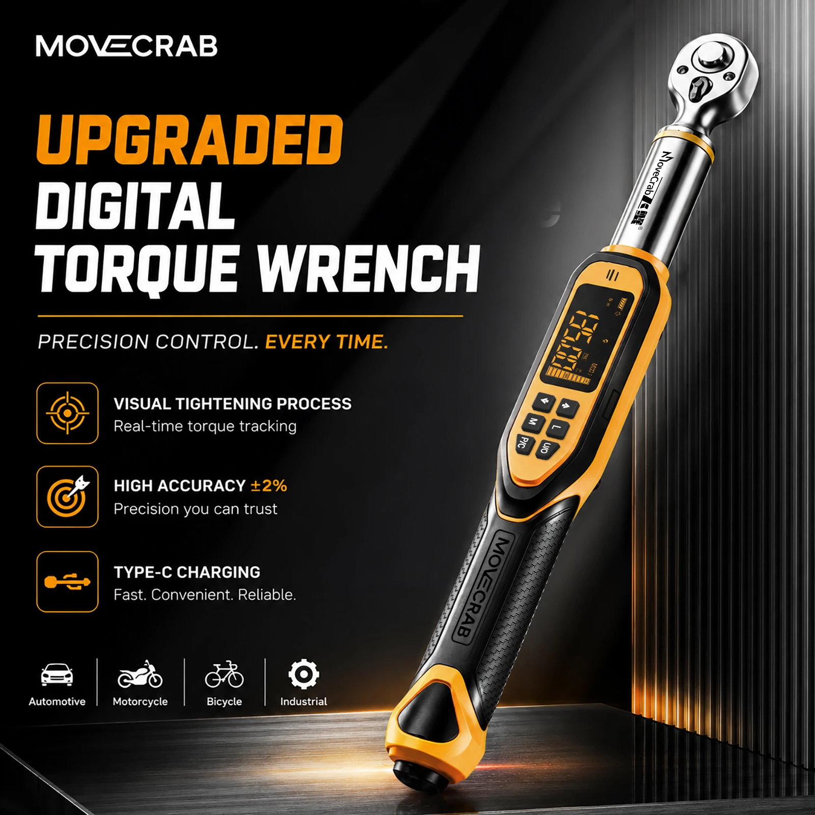 MOVECRAB Upgraded Digital Torque Wrench 1–340 N·m, ±2% Accuracy, LED Backlit Display, USB-C Charging, for Auto Repair
MOVECRAB Upgraded Digital Torque Wrench 1–340 N·m, ±2% Accuracy, LED Backlit Display, USB-C Charging, for Auto Repair
