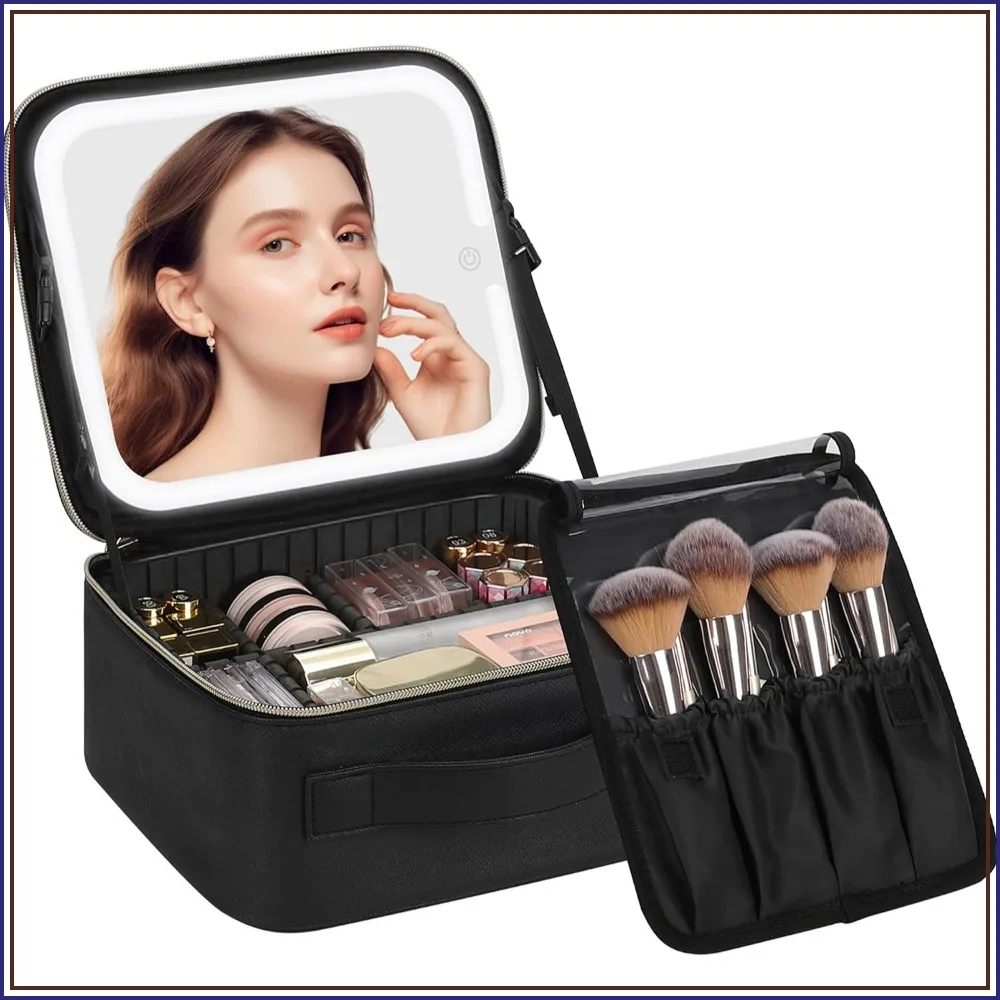 LED Mirror Makeup Bag, Travel Cosmetic Case with 3 Color Lights, Adjustable Dividers, Brush Holder for Women
LED Mirror Makeup Bag, Travel Cosmetic Case with 3 Color Lights, Adjustable Dividers, Brush Holder for Women