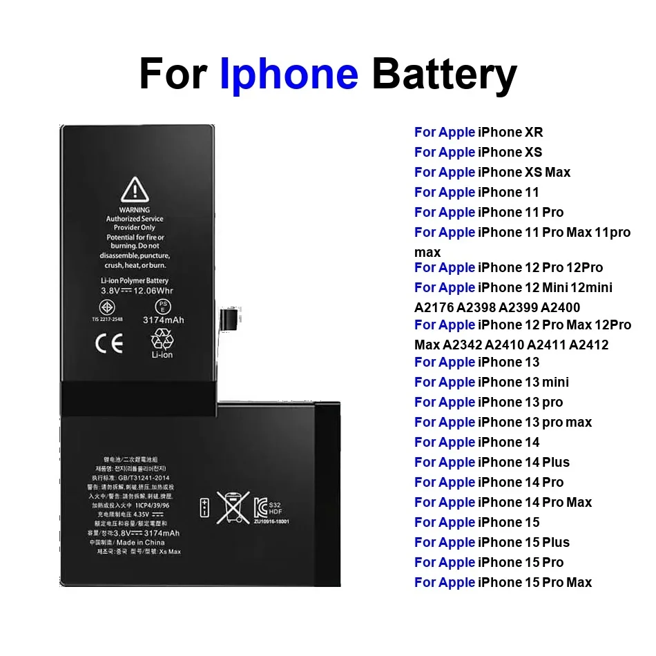 Новый высококачественный аккумулятор с нулевым циклом 2025 для Iphone XR XS 11 12 13 14 15 Pro Max 12Mini 13Mini 14Plus 15Plus, бесплатный инструмент
Новый высококачественный аккумулятор с нулевым циклом 2025 для Iphone XR XS 11 12 13 14 15 Pro Max 12Mini 13Mini 14Plus 15Plus, бесплатный инструмент