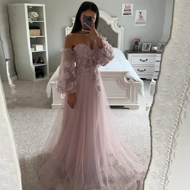 Sweet Prom Dresses A Line Lace Appliqued Illusion Off The Shoulder Puffy Long Sleeves Boho Formal Evening Party Prom Gowns Robe
Sweet Prom Dresses A Line Lace Appliqued Illusion Off The Shoulder Puffy Long Sleeves Boho Formal Evening Party Prom Gowns Robe