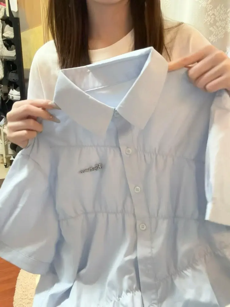 Loose Blue Pleated ort Sve irt Women's Summer Korean Sle Sweet And Spicy Girl Versatile Top Commute Faion Cotton
Loose Blue Pleated ort Sve irt Women's Summer Korean Sle Sweet And Spicy Girl Versatile Top Commute Faion Cotton