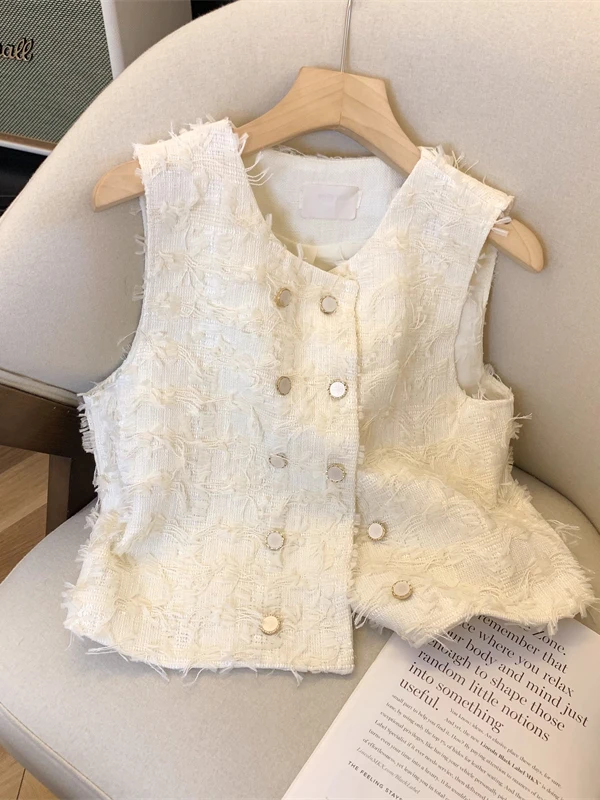 White Short Vest Top Women's Fashion Outerwear Sweet Style Cotton Blend Fabric No Sleeve round Neck Single Button Closure
White Short Vest Top Women's Fashion Outerwear Sweet Style Cotton Blend Fabric No Sleeve round Neck Single Button Closure