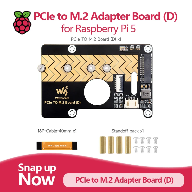 PCIe to M.2 Adapter Board (D) for Raspberry Pi 5, NVMe SSD Support, Compatible with 2280/2260/2242/2230 Sizes