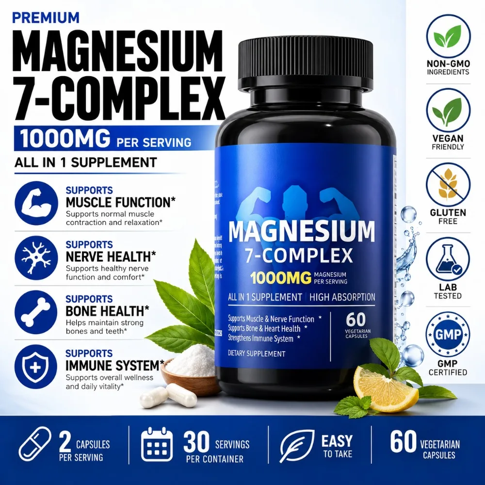 Magnesium 7-Complex Capsules 1000mg with B6 D3 Zinc, High Absorption Vegan Formula for Muscle Nerve Bone Heart Support, 60 Count
Magnesium 7-Complex Capsules 1000mg with B6 D3 Zinc, High Absorption Vegan Formula for Muscle Nerve Bone Heart Support, 60 Count