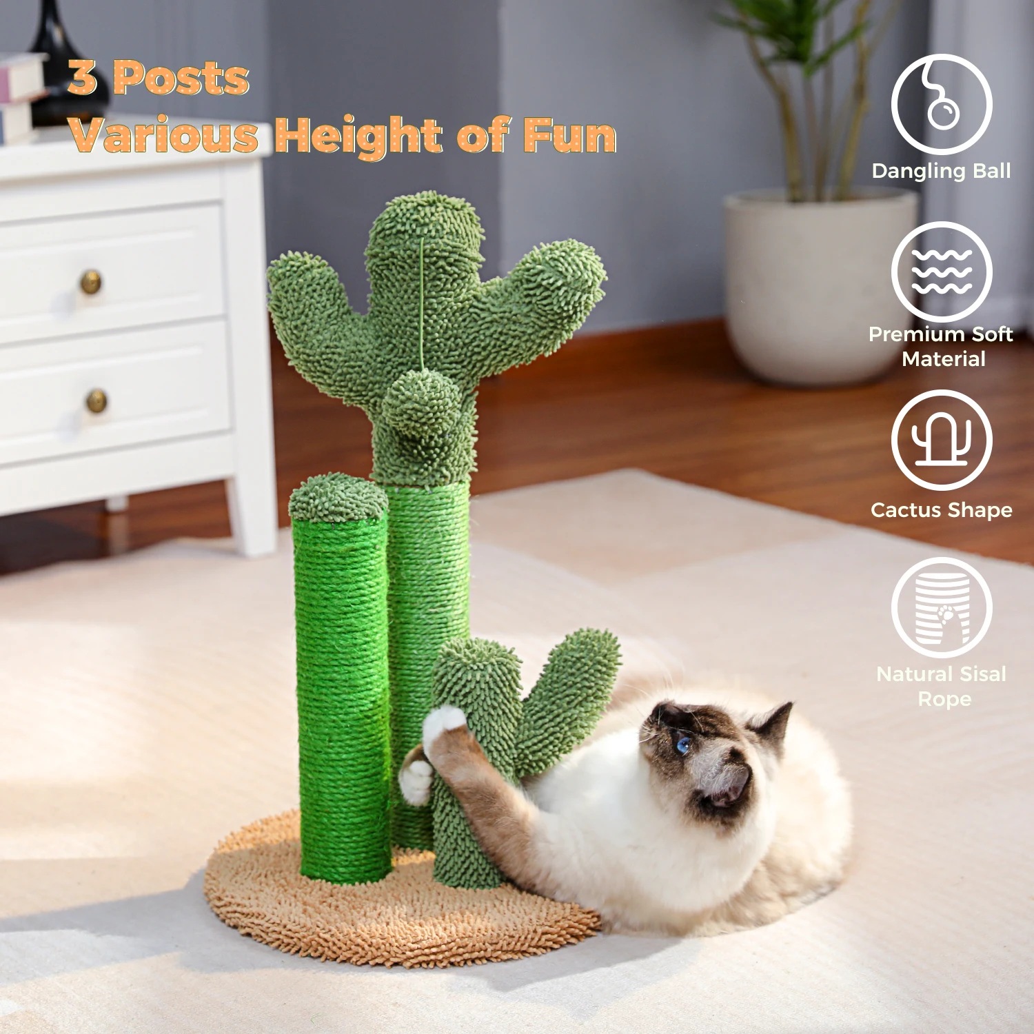 Safe Cactus Cat Tree Featuring with 3 Playful Scratching Poles,Cat Scratching Post and Interactive Dangling Ball for Indoor Cats
Safe Cactus Cat Tree Featuring with 3 Playful Scratching Poles,Cat Scratching Post and Interactive Dangling Ball for Indoor Cats